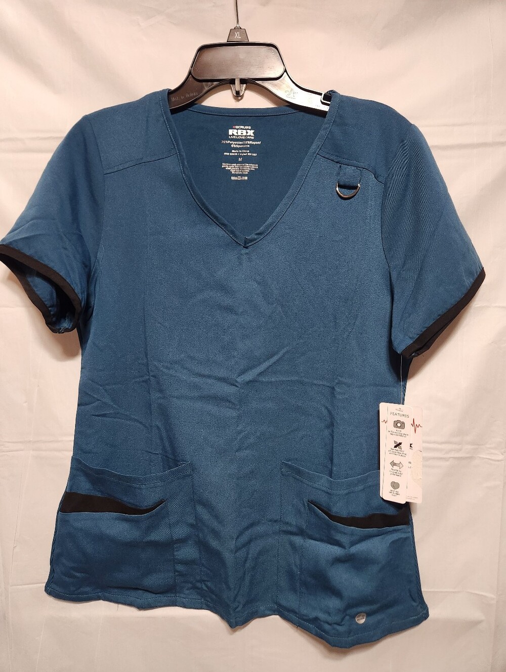 RBX Women's Teal V-Neck Scrub Top with Black Pocket Trim